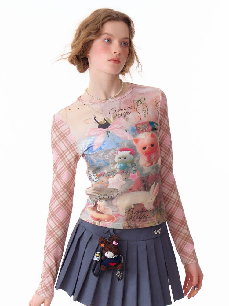 Pink Check Rabbit Print Slim Long Sleeved T-Shirt【s0000011921】