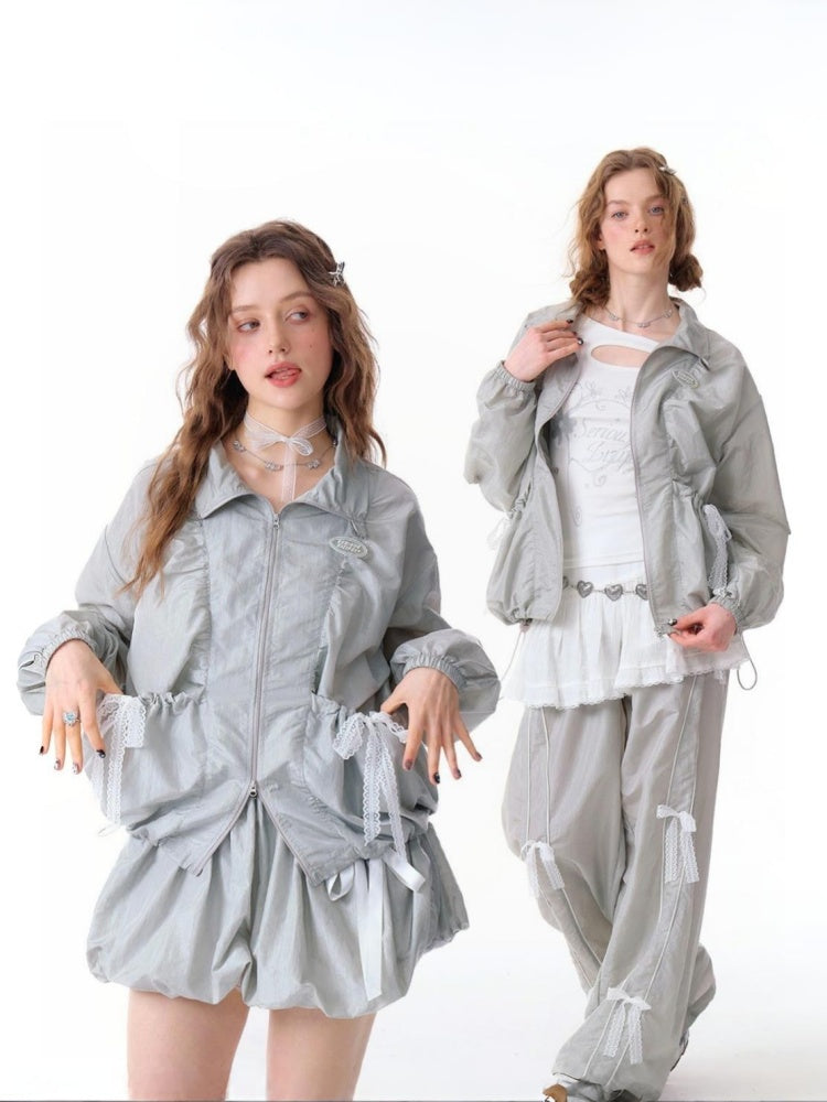 Lace Bow Long Sleeve Double-Zip Jacket【s0000011912】
