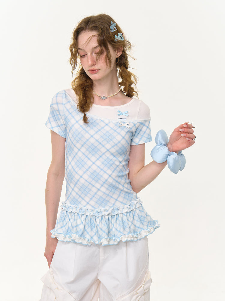 Ruffle Hem Faux Two Piece Bow Plaid Crew Neck Short Sleeve T-Shirt【s0000013004】