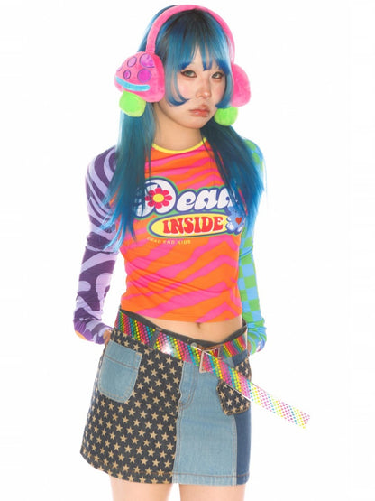 Y2K Dopamine Color Blocked Print Long sleeved T-Shirt【s0000011785】