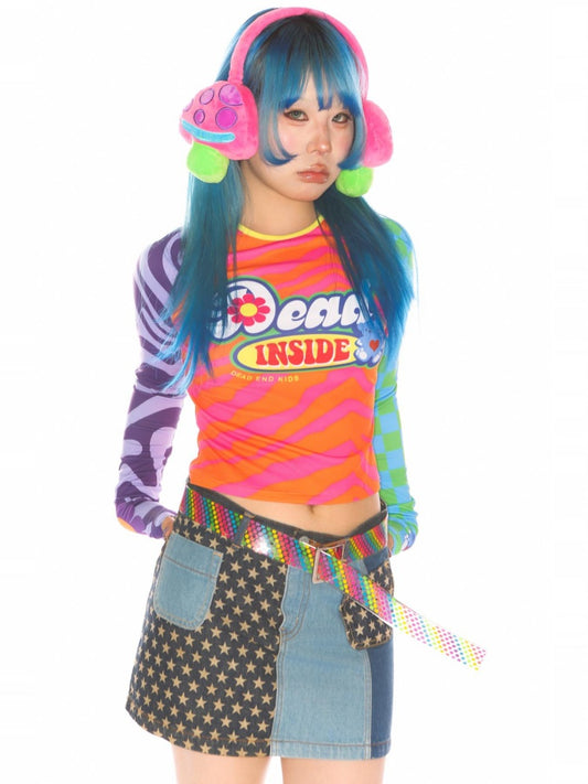 Y2K Dopamine Color Blocked Print Long sleeved T-Shirt【s0000011785】