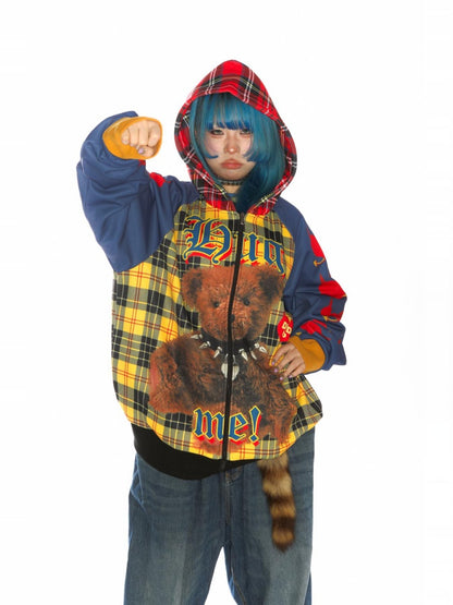 Punk Bear Panel Checked Pattern Raglan Sleeve Zip-Up Hoodie【s0000011791】