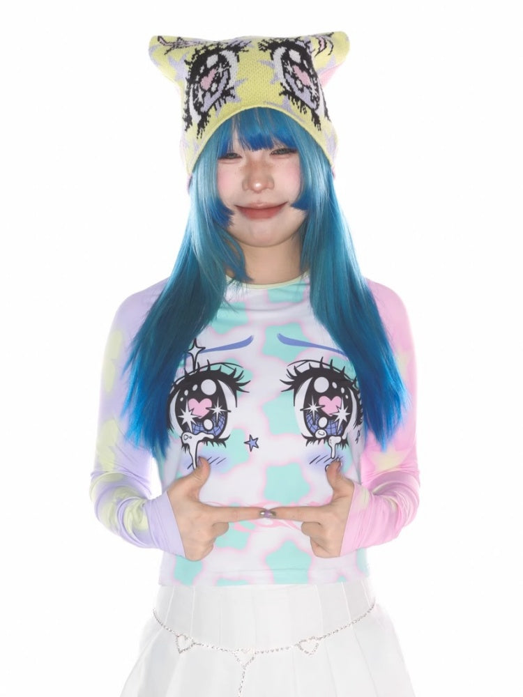 Comic Eye Two-Dimensional Subculture Star Color-Blocked Long Sleeve T-Shirt【s0000011789】