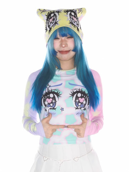 Comic Eye Two-Dimensional Subculture Star Color-Blocked Long Sleeve T-Shirt【s0000011789】