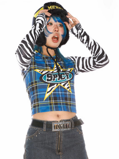 College Style Zebra & Check Print Long Sleeve Cropped T-Shirt【s0000011786】