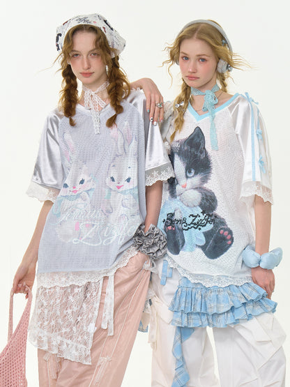 Lace Hem Rabbit Print V-Neck Loose Short Sleeve T-Shirt【s0000013010】