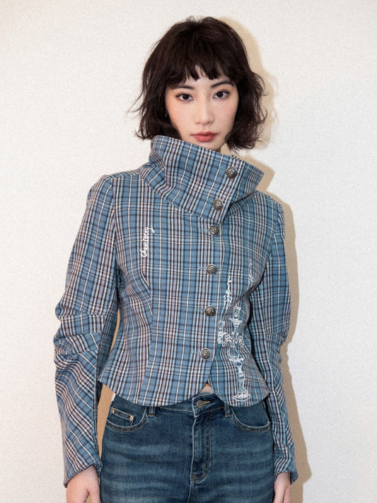 Candlesticks Embroidered Stacked Collar Plaid Short Jacket【s0000011909】