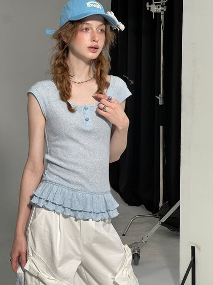Ruffle Hem Henley Neck French Sleeve T-Shirt 【s0000013006】