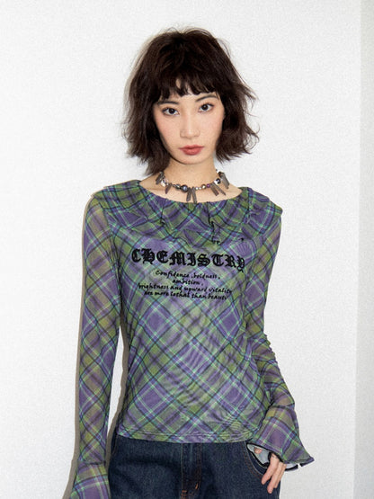 Chemistry Message Print Ruffle Check Long Sleeve T-Shirt【s0000011899】