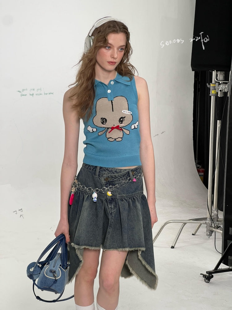 Cartoon Pattern Bow Polo Neck Knitted Vest【s0000011920】