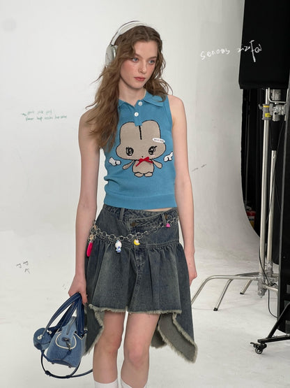 Cartoon Pattern Bow Polo Neck Knitted Vest【s0000011920】