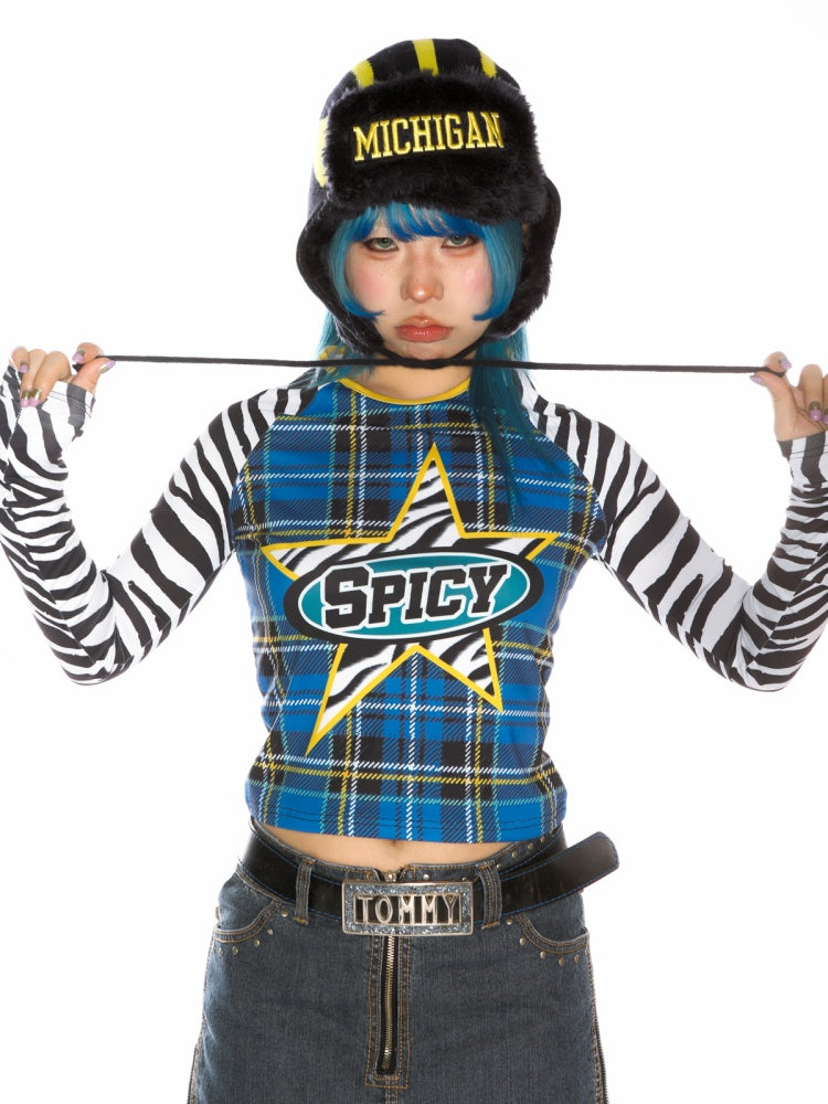 College Style Zebra & Check Print Long Sleeve Cropped T-Shirt【s0000011786】