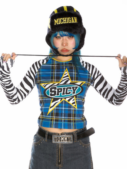 College Style Zebra & Check Print Long Sleeve Cropped T-Shirt【s0000011786】