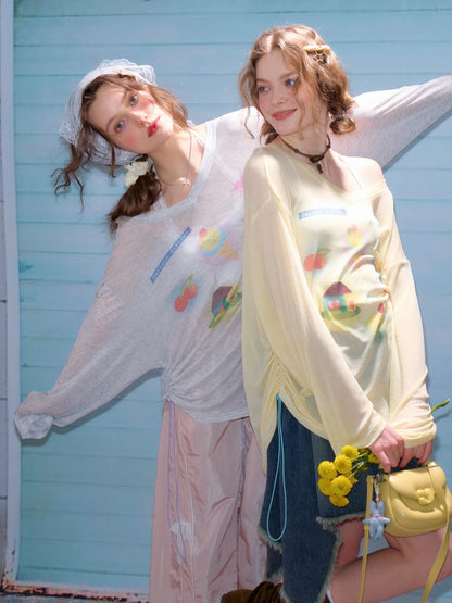 Drawstring Print Semi Sheer Loose V-Neck Long Sleeved T-Shirt【s0000011751】