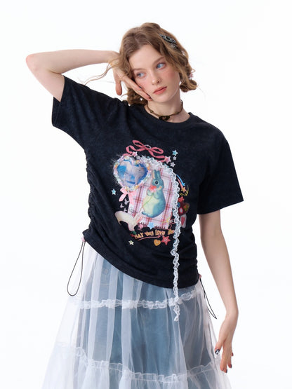 Rabbit Print Three Dimensional Lace Loose Crew Neck Short Sleeve T-Shirt【s0000011755】