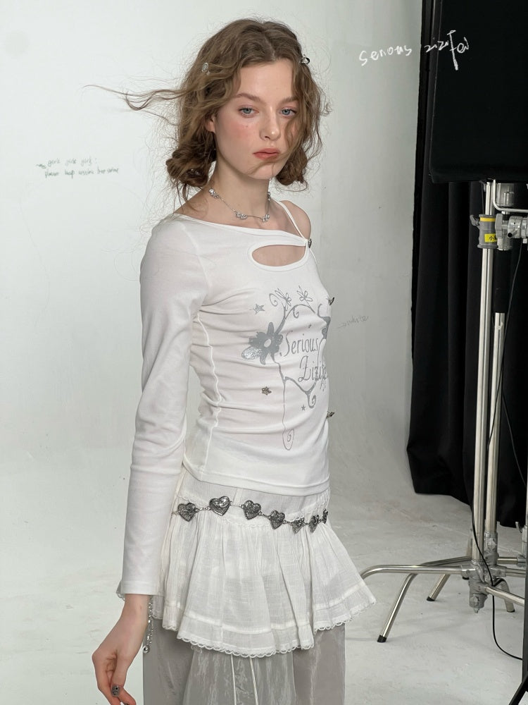 Cut Out Off Shoulder Irregular Neckline Long Sleeved T-Shirt【s0000011754】