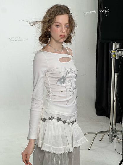 Cut Out Off Shoulder Irregular Neckline Long Sleeved T-Shirt【s0000011754】