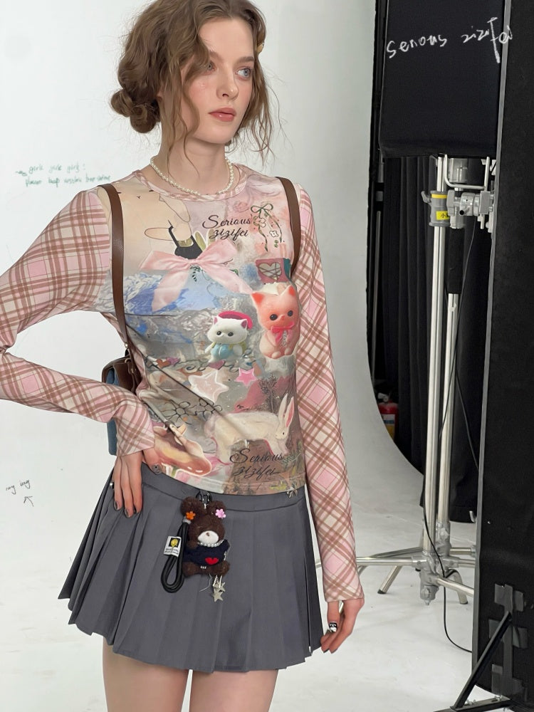 Pink Check Rabbit Print Slim Long Sleeved T-Shirt【s0000011921】