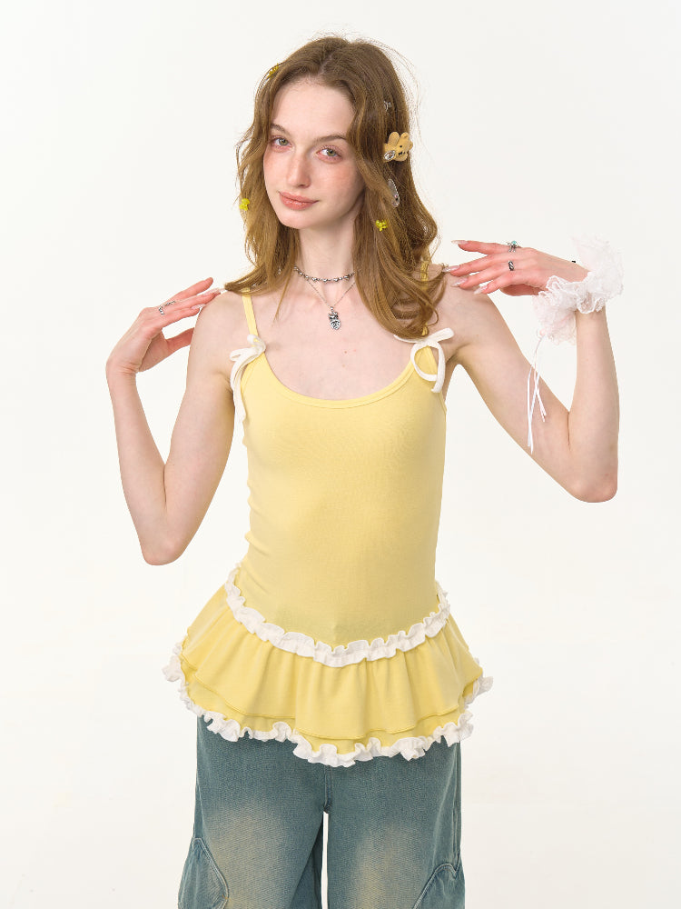 Ruffle Lace Pleated Hem Bow Camisole【s0000013008】