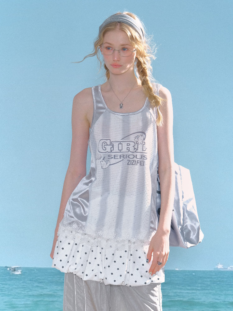 Sporty Letter Print Jersey Lace Hem Tank Top【s0000013011】
