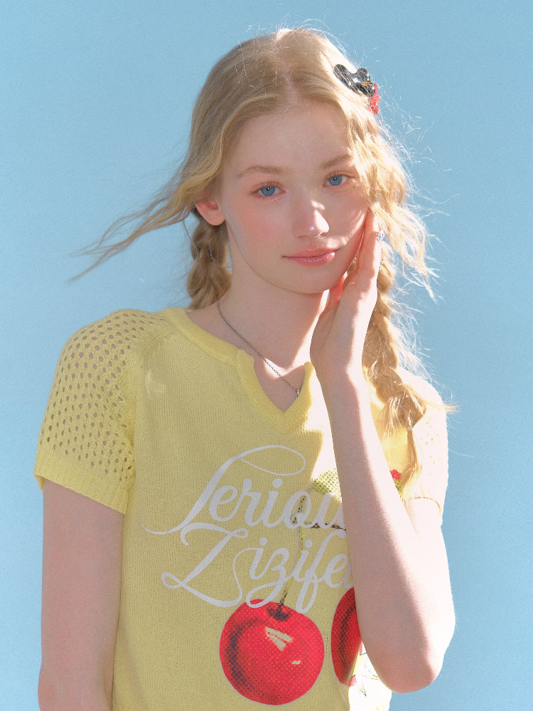Cut Out Crop Cherry Print V-Neck Short Sleeve T-Shirt【s0000013007】