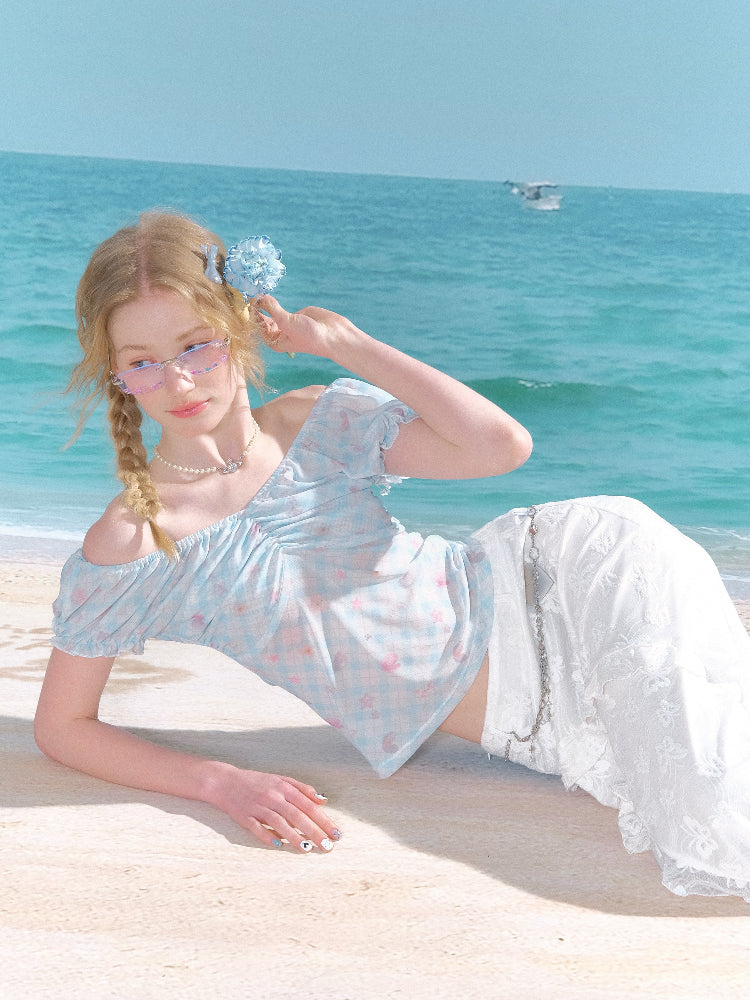Big Gather V-Neck Plaid Puff Sleeve T-Shirt【s0000013005】