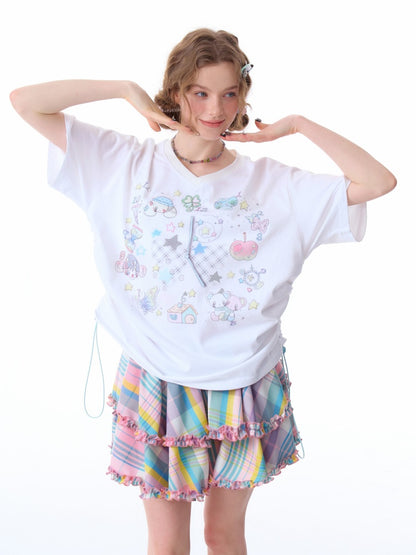 Cartoon Print Pattern V-Neck Short Sleeve T-Shirt【s0000011914】