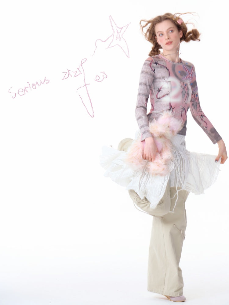 Star Digital Print Long Sleeve Numbering T-Shirt【s0000011760】