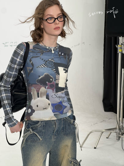 Animal Collage Print Glen Check Switch Slim Long Sleeved T-Shirt【s0000011752】