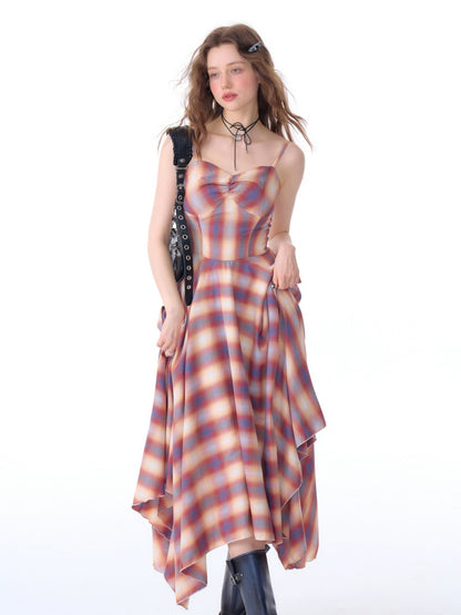 Cinched Waist Red Check Irregular Suspender Dress【s0000011911】