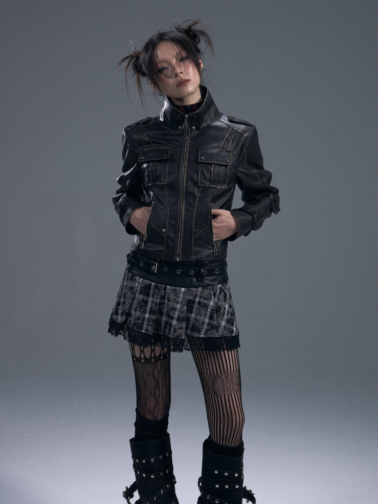 Punk Fake Leather Stand Collar Cropped  Riders Jacket【s0000011877】