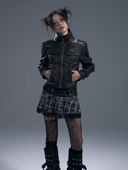 Punk Fake Leather Stand Collar Cropped  Riders Jacket【s0000011877】