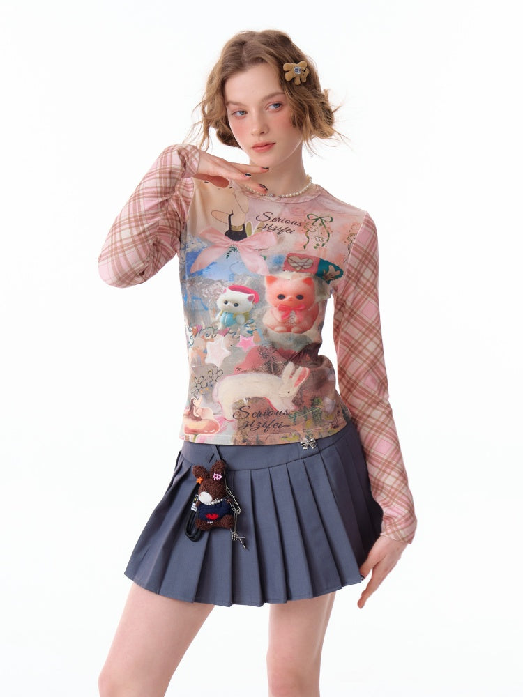 Pink Check Rabbit Print Slim Long Sleeved T-Shirt【s0000011921】