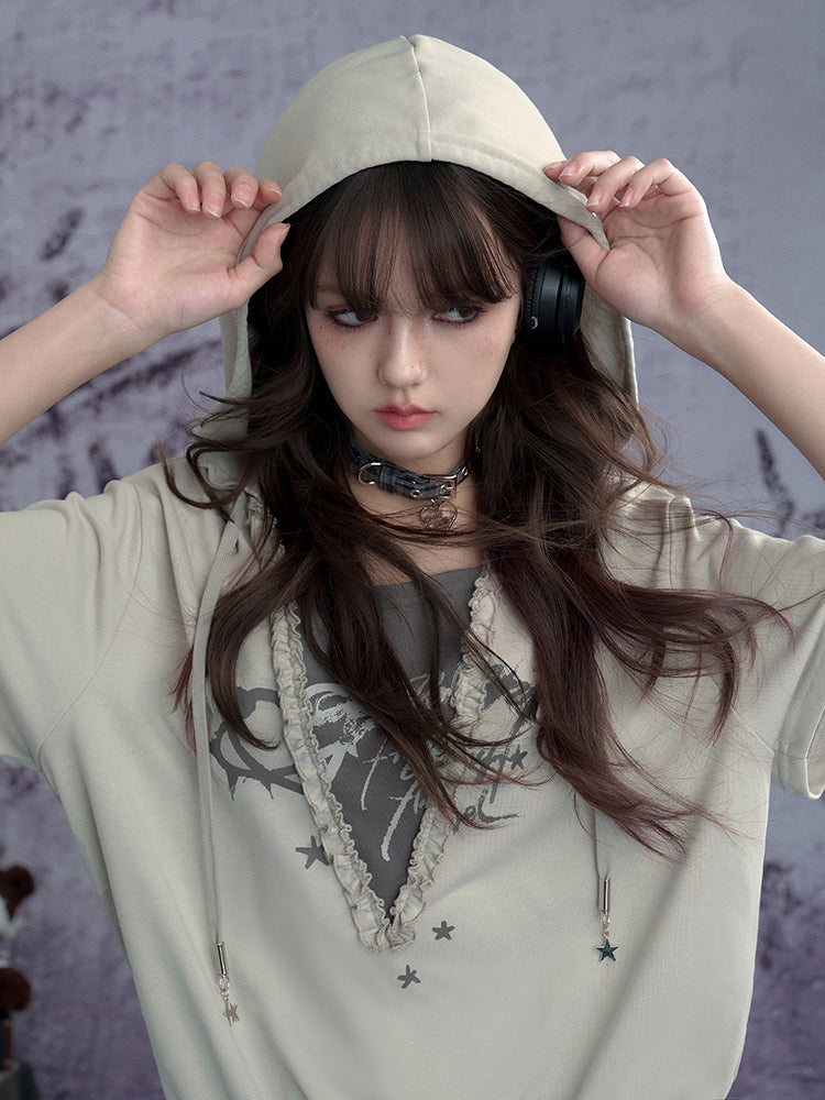 Graffiti Print Fake Layered Frill Drawstring Dress【s0000011930】