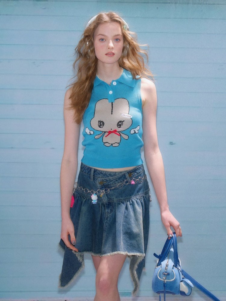 Cartoon Pattern Bow Polo Neck Knitted Vest【s0000011920】