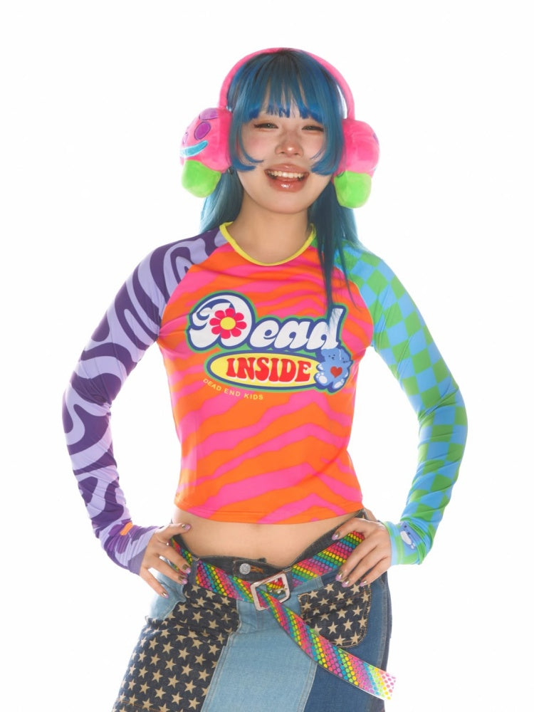 Y2K Dopamine Color Blocked Print Long sleeved T-Shirt【s0000011785】