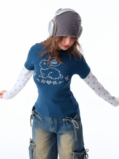 Rabbit & Star Print Fake Layering Long Sleeve T-Shirt【s0000011750】