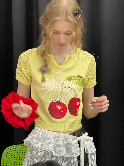 Cut Out Crop Cherry Print V-Neck Short Sleeve T-Shirt【s0000013007】