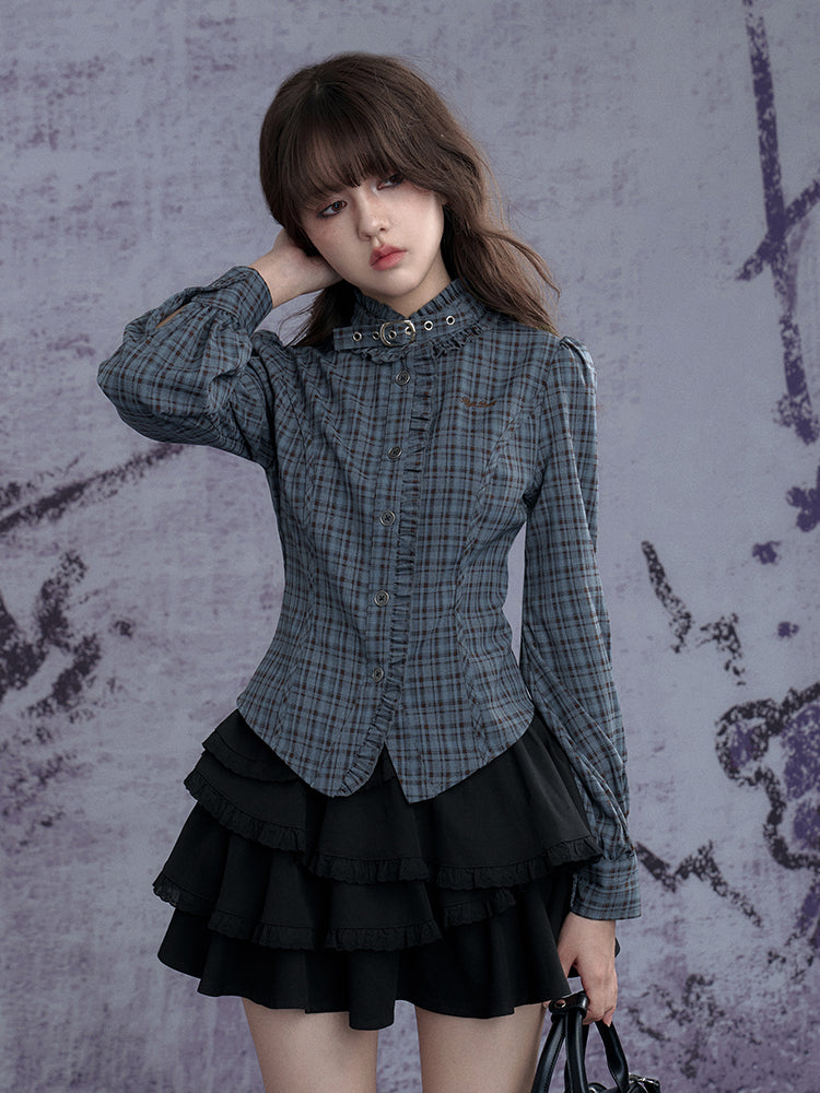 Stand collar Neck Belt Checkered Ruffle Long Sleeve Shirt【s0000011927】