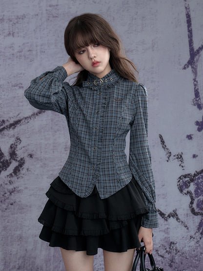 Stand collar Neck Belt Checkered Ruffle Long Sleeve Shirt【s0000011927】