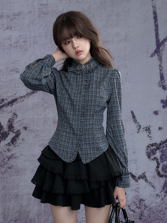 Stand collar Neck Belt Checkered Ruffle Long Sleeve Shirt【s0000011927】