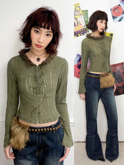 Fur Collar Graphic Print Cardigan【s0000011904】