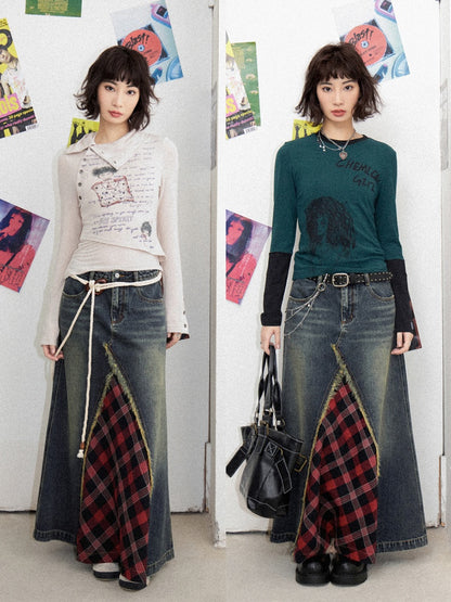 Front Slit Denim Checked A-Line Skirt【s0000011905】
