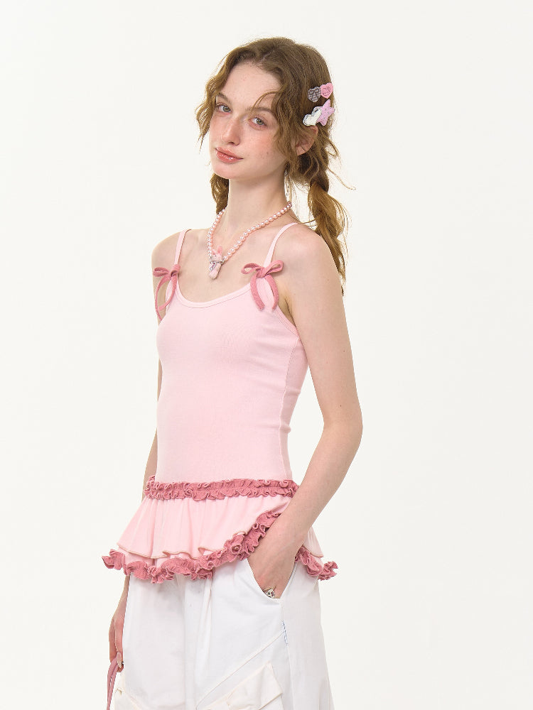 Ruffle Lace Pleated Hem Bow Camisole【s0000013008】