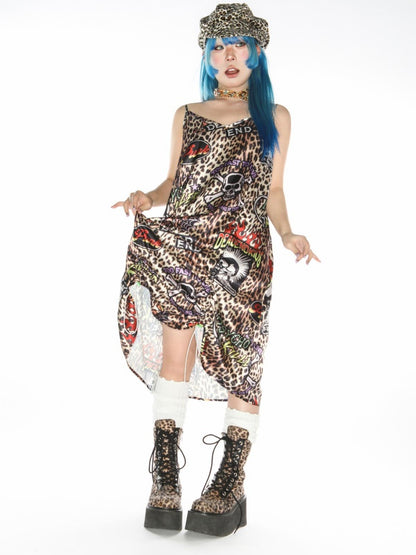 Punk Leopard & Skull Print Adjustable Length Camisole Dress 【s0000011782】