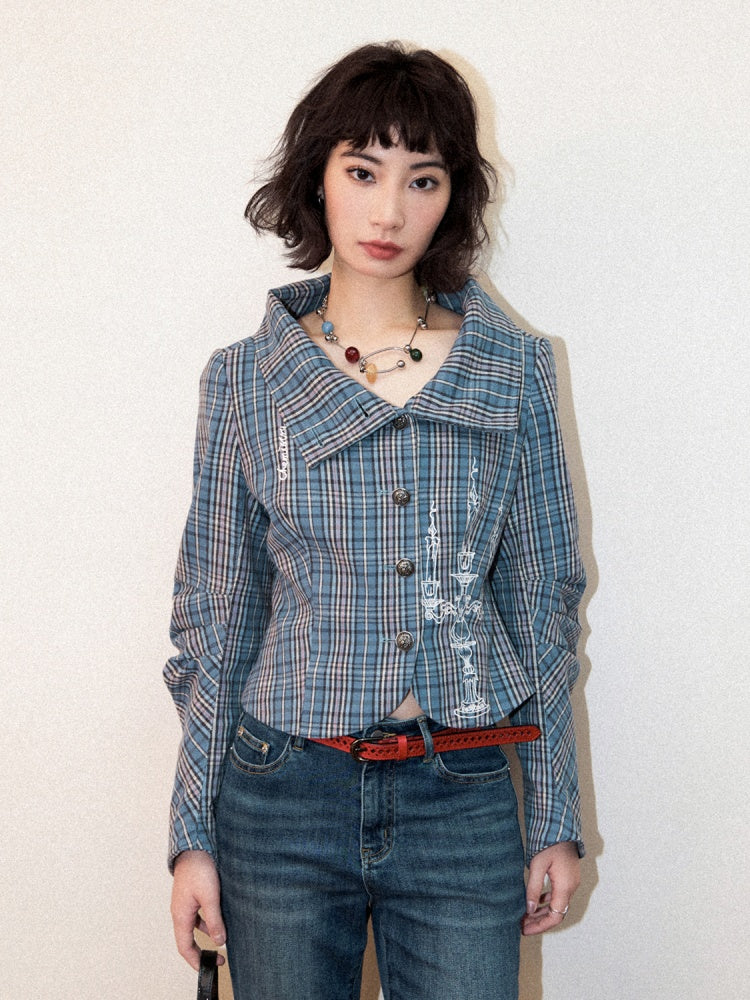 Candlesticks Embroidered Stacked Collar Plaid Short Jacket【s0000011909】