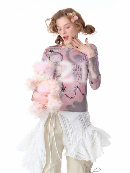 Star Digital Print Long Sleeve Numbering T-Shirt【s0000011760】