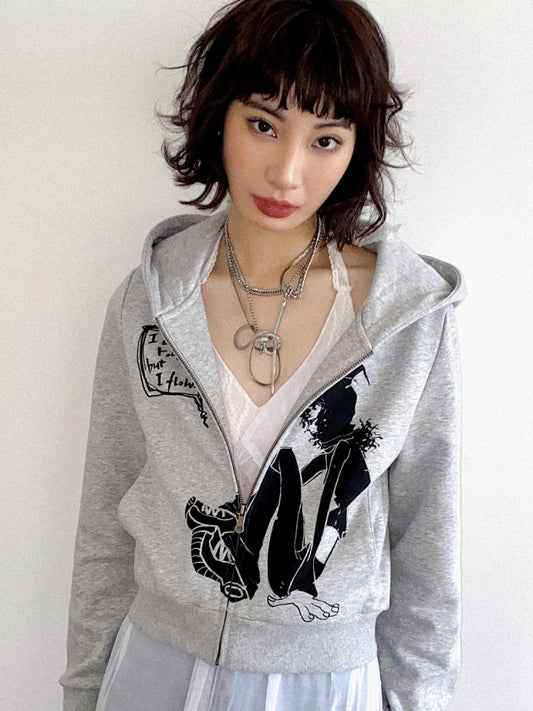 Full Zip-Up Illustration Print Cropped Hoodie【s0000011908】