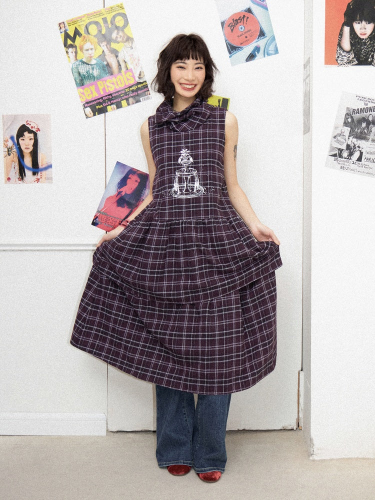 Plaid Embroidery Sleeveless Tiered Long Dress【s0000011898】
