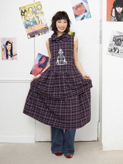 Plaid Embroidery Sleeveless Tiered Long Dress【s0000011898】